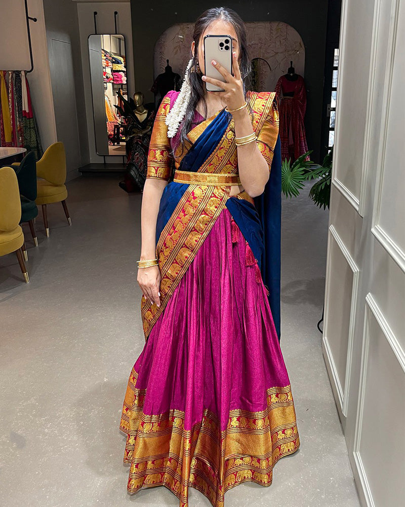 South Indian Style Narayan Pet Cotton Semi Stitched Half Saree