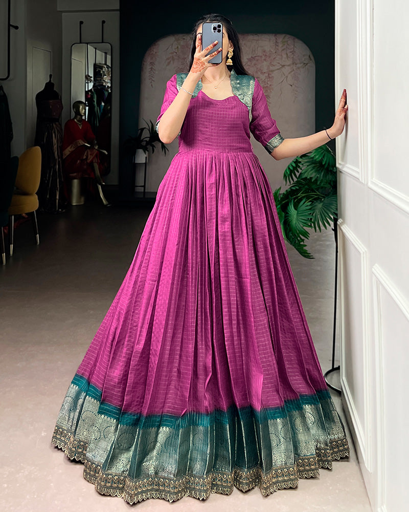 Pink Color Dola Chex Zari Weaving Gown