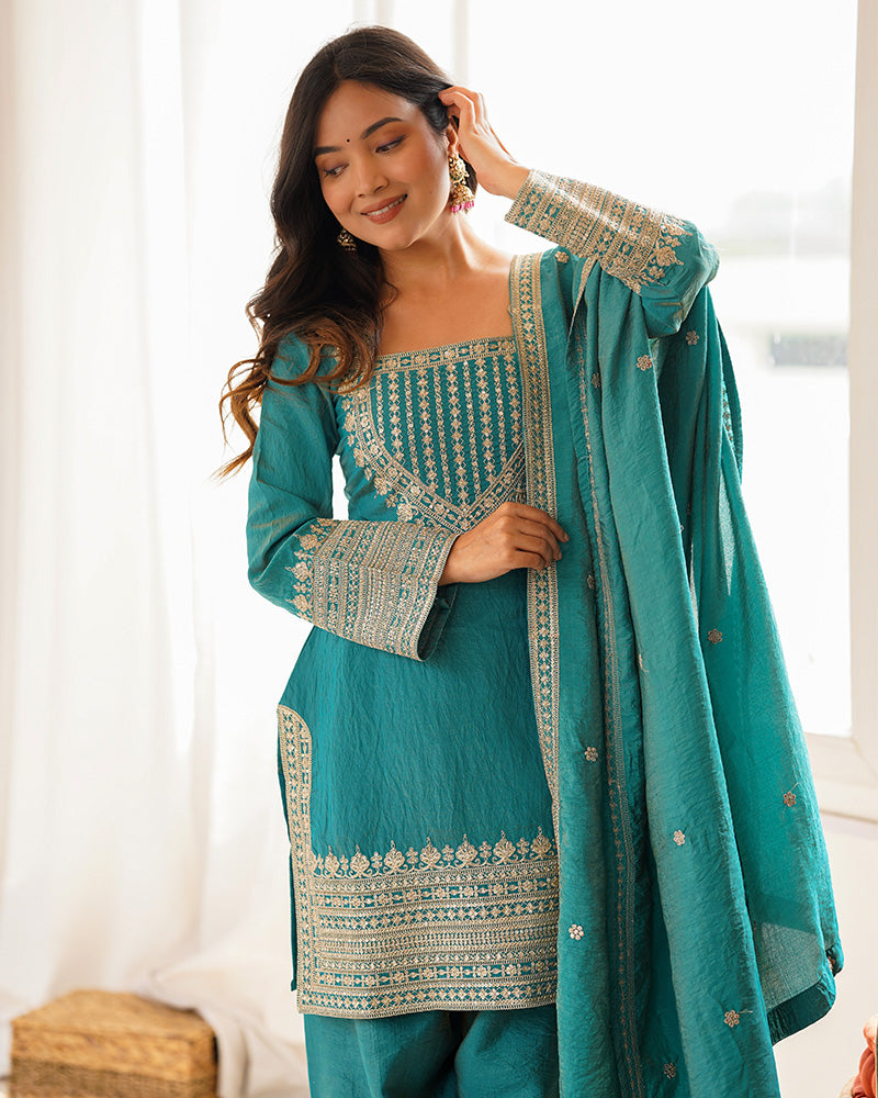 Sea Green Color NC Vichitra Silk Farshi Salwar Suit