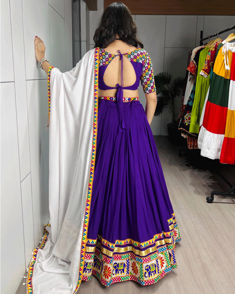 Purple And White Color Rayon Cotton Navratri Lehenga Choli