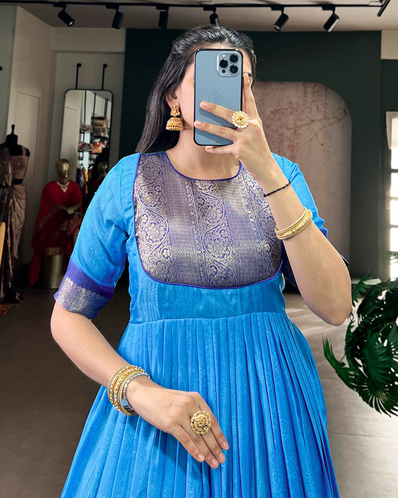 Blue Color Mass Mello Zari Weaving Gown