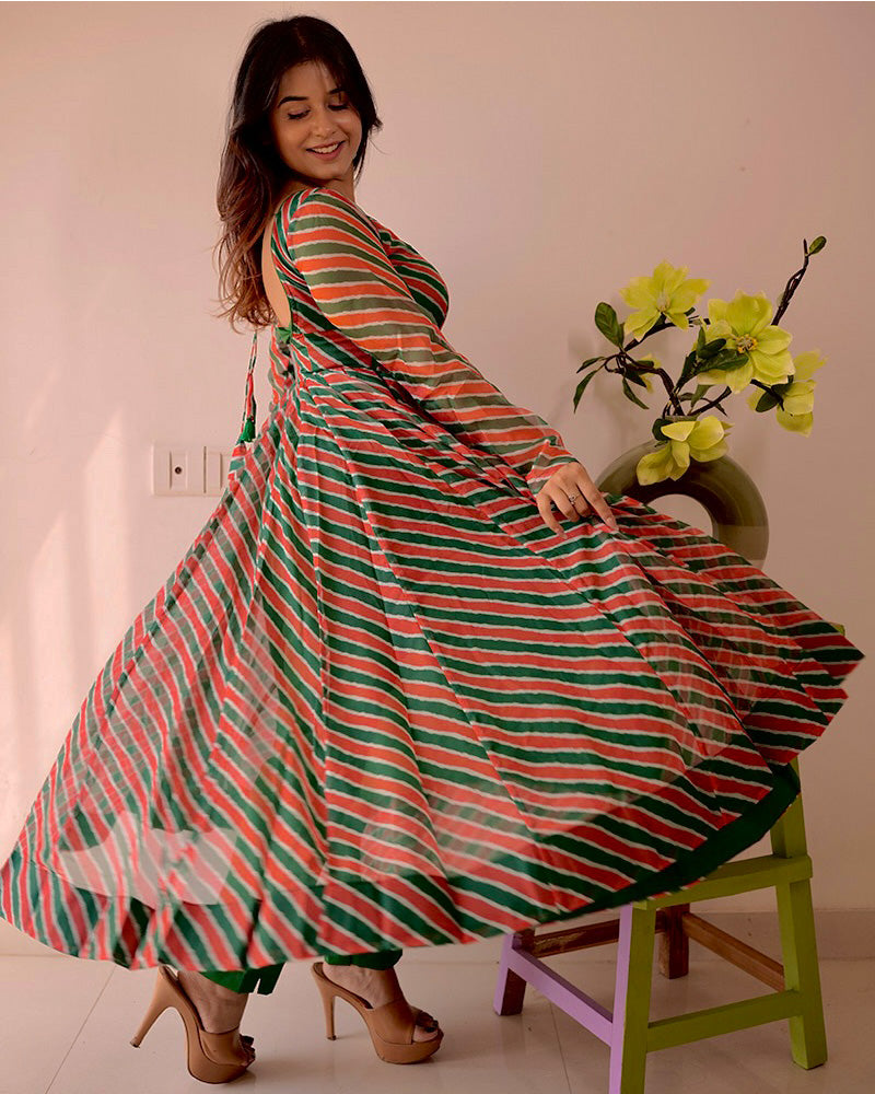 Green And Red Color Laheriya Print Tabby Organza Anarkali Suit