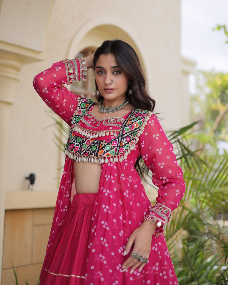 Pink Color Bandhani Printed Kurti With Kora Cotton Lehenga Choli