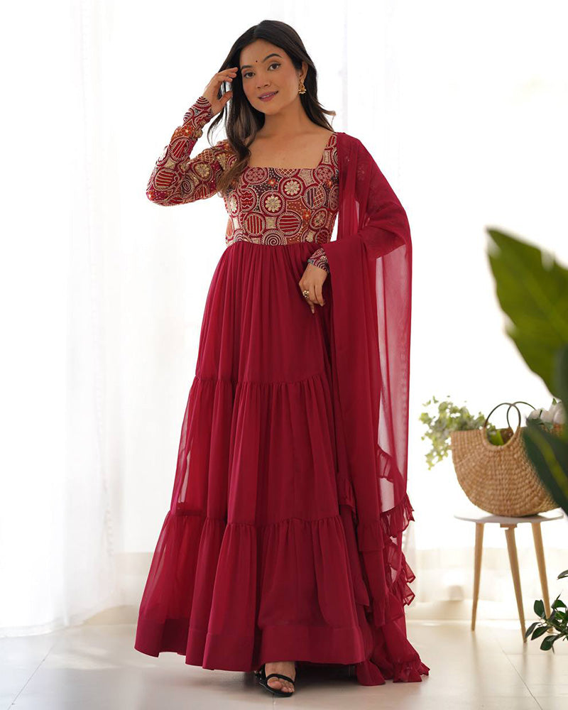 Maroon Color Soft Georgette Embroidered Anarkali Suit