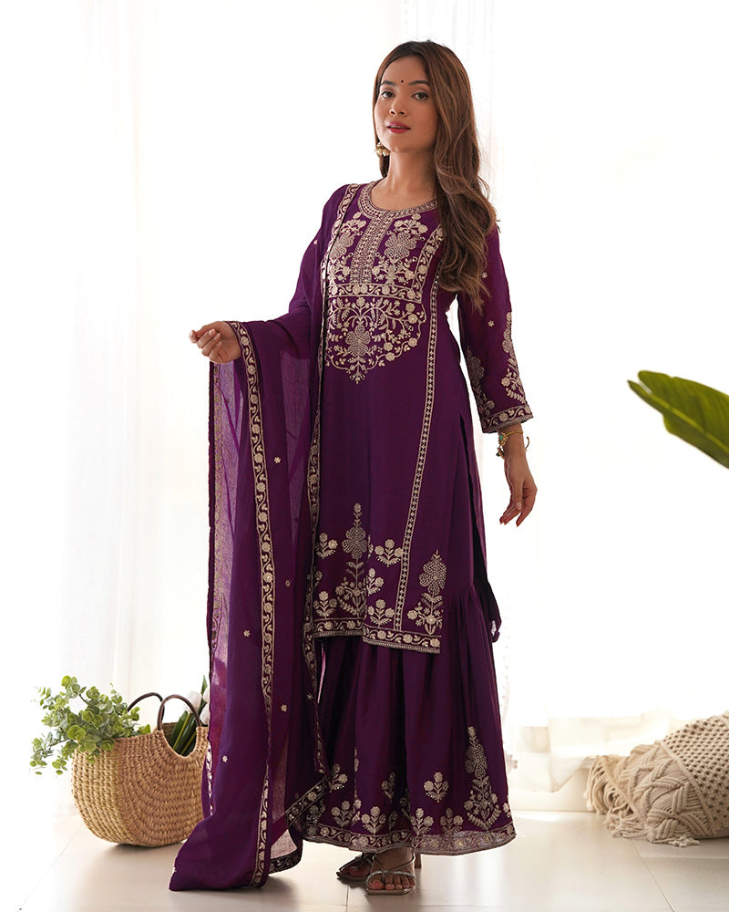 Wine Color Pure Chinon Silk Embroidered Plazzo Suit