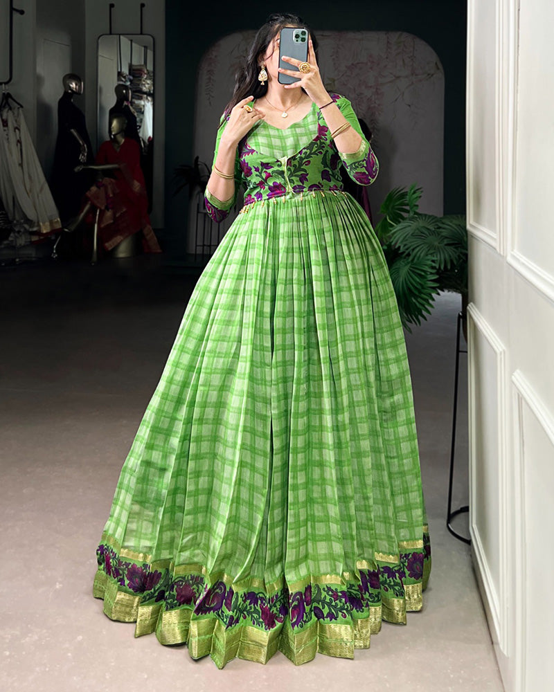 Parrot Green Color Viscose Chanderi Printed Gown
