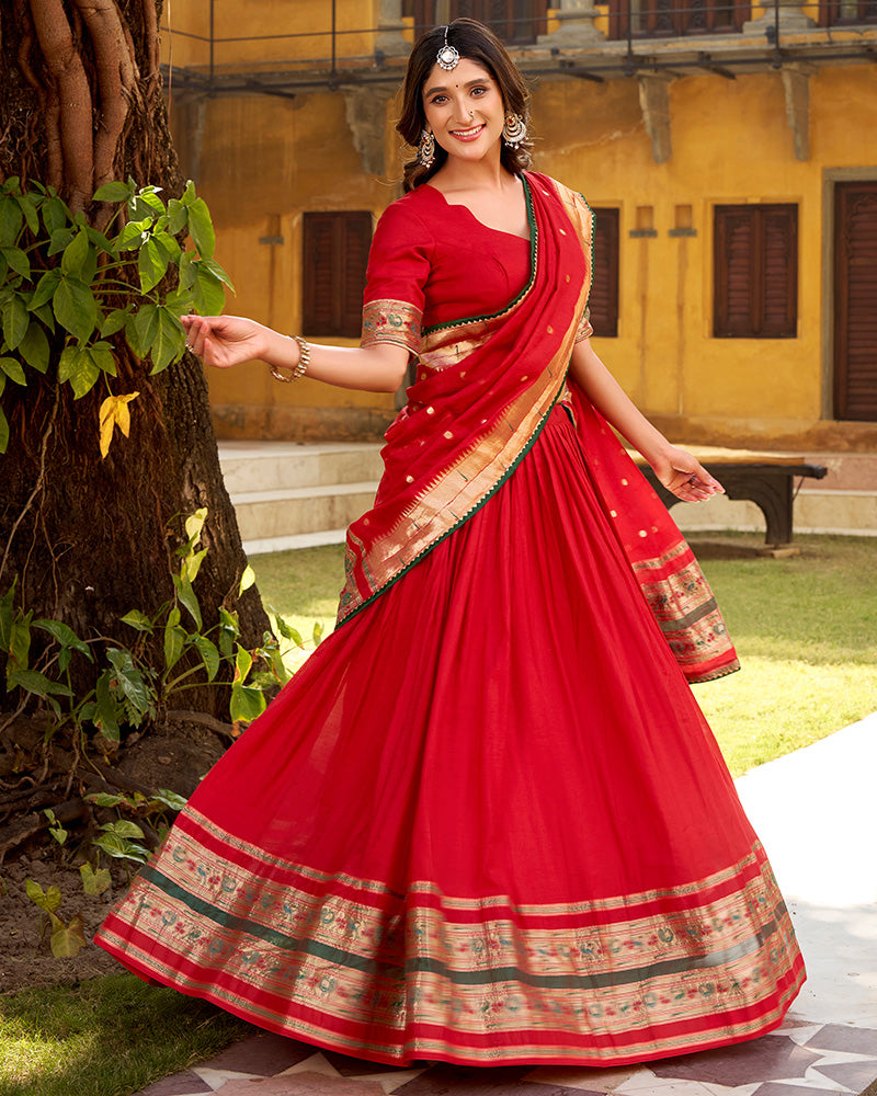 Red Color Pure Nylon Chanderi Plain Half Saree