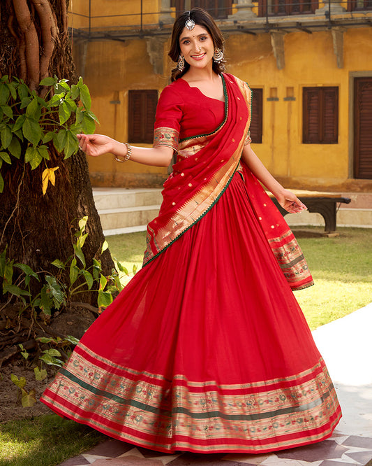 Red Color Pure Nylon Chanderi Plain Half Saree