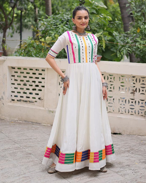 White  Color Roman Silk Multi Threaded Work Navratri Gown