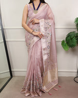 Light Pink Color Embroidered Kota Tissue Saree