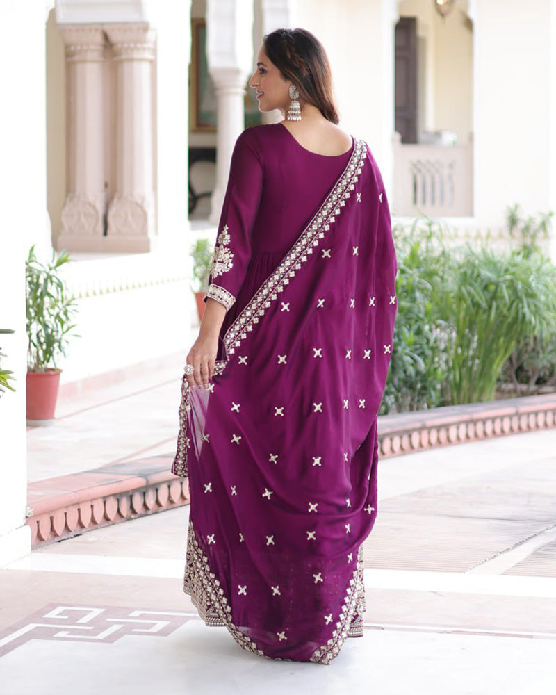 Royal Magenta Color Vichitra Silk Embroidered Gown