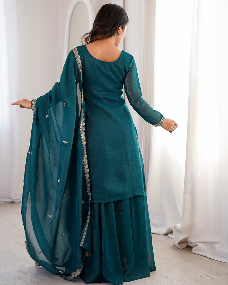 Teal Blue Color Soft Crunchy Silk Embroidered Plazzo Suit