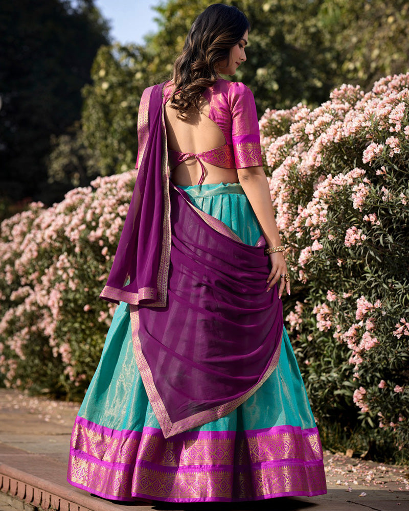 Sky Blue Color Kanchipuram Silk Designer Half Saree