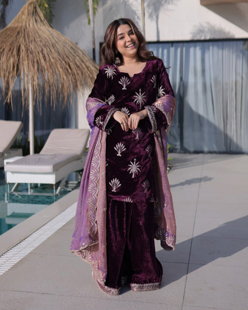 Wine Color Ice Velvet Embroidered Plazzo Suit