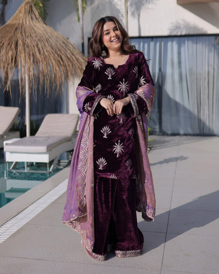 Wine Color Ice Velvet Embroidered Plazzo Suit