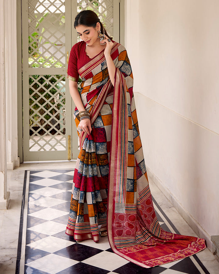 Maroon Color Polyester Chanderi Printed Saree