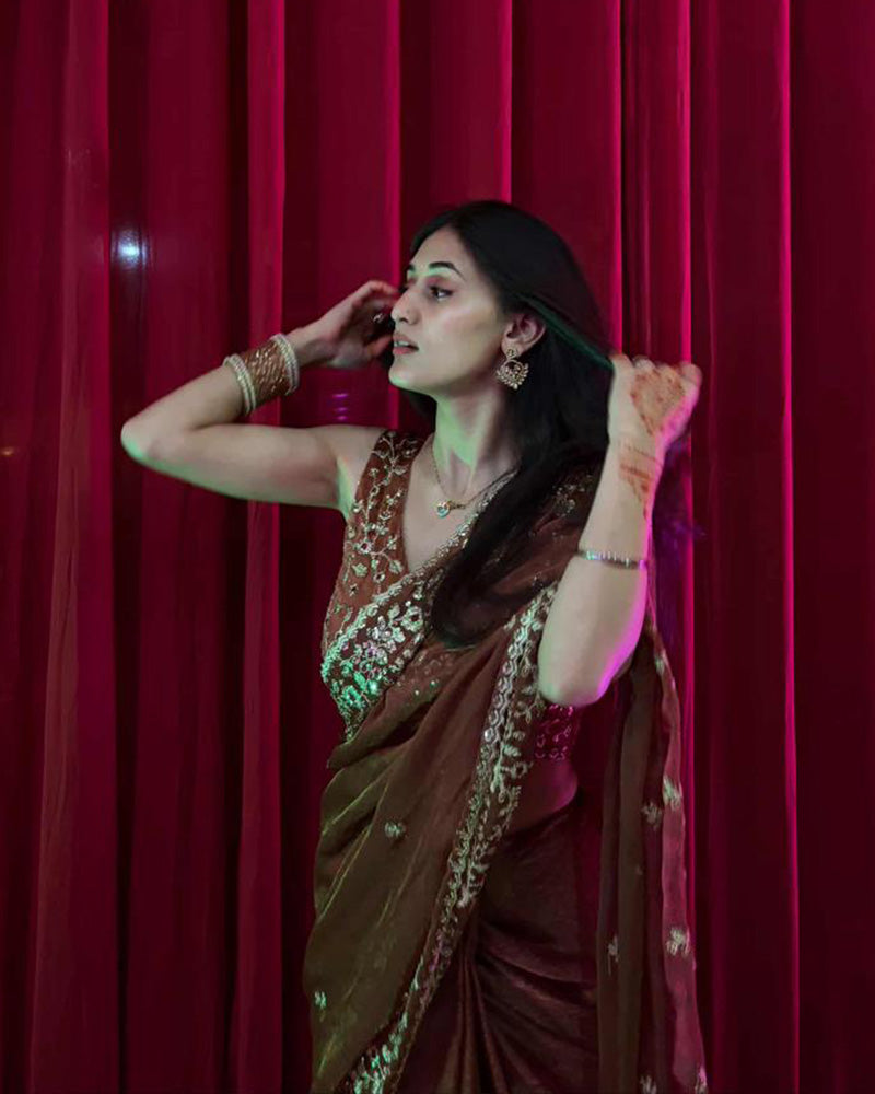 Vandana Kholiya In Brown Color Fendi Chiffon Sequence Embroidered Saree