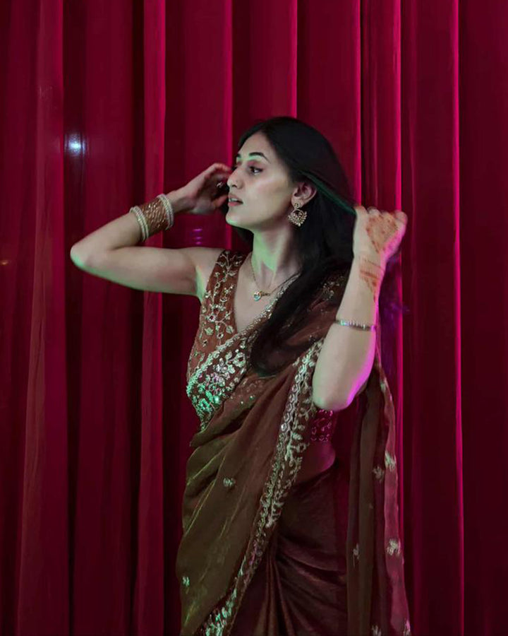 Vandana Kholiya In Brown Color Fendi Chiffon Sequence Embroidered Saree