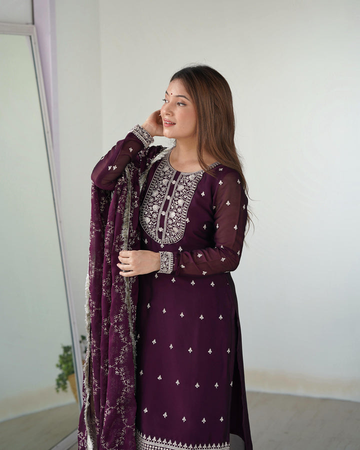 Wine Color Rangoli Silk Three Piece Kurti Suit