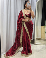 Maroon Color Space Satin Embroidered Saree