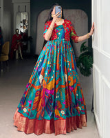 Firozi Color Tasar Silk Printed Gown With Koti