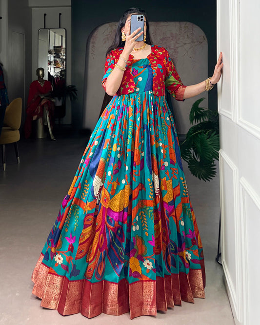 Firozi Color Tasar Silk Printed Gown With Koti