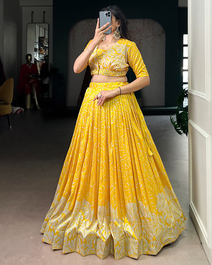 Yellow Color Tasar Silk Laheriya Printed Lehenga Choli