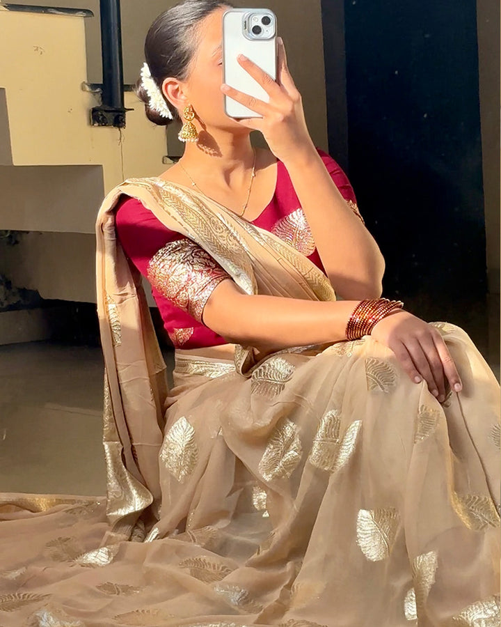 Cream Color Pure Viscose Georgette Saree