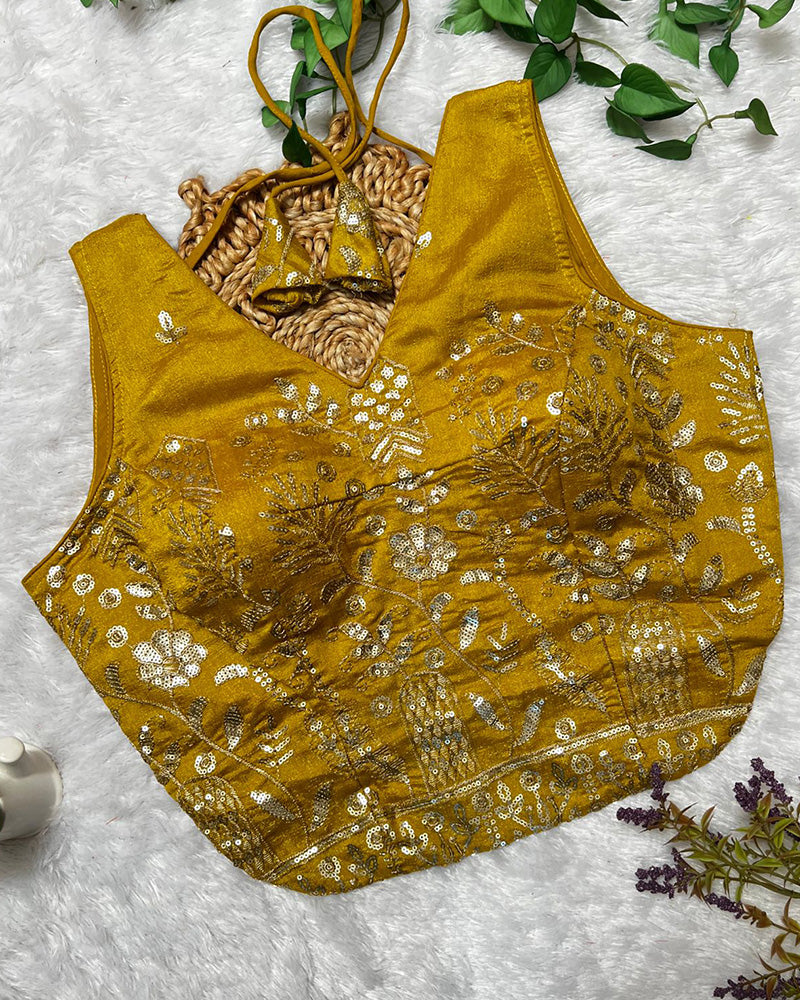 Mustard Color Vichitra Silk Embroidered Blouse