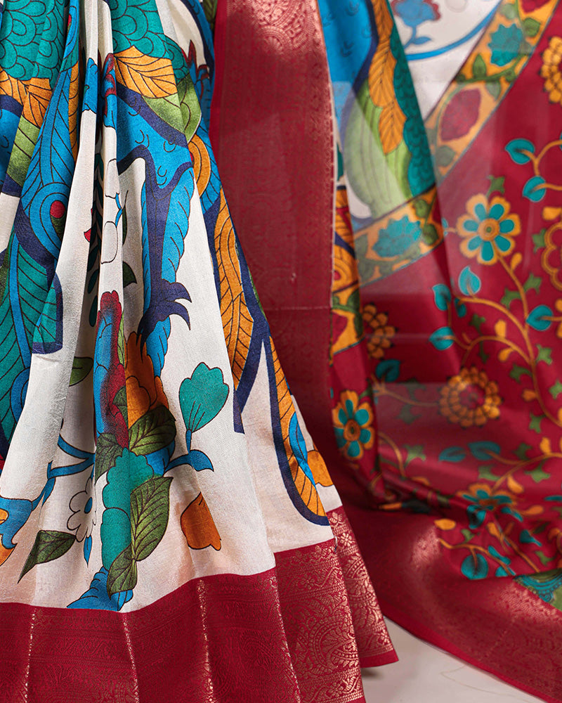 Off-White Color Tasar Silk Ethnic Printed Saree