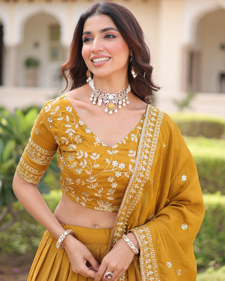 Mustard Gold Color Vichitra Silk Embroidered Lehenga Choli