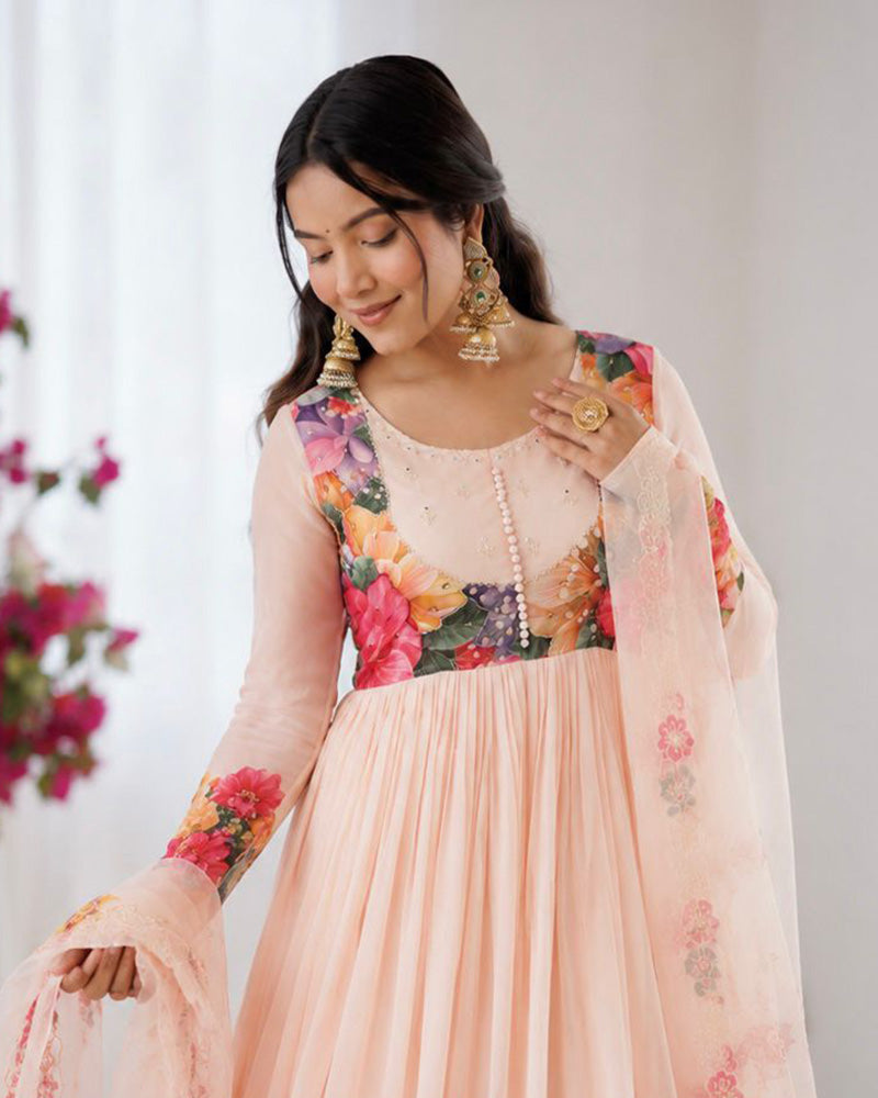 Cream Color Faux Georgette Printred Anarkali Suit