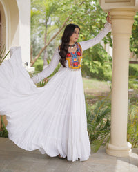 Three Color Rayon With  Kutchi Gamthi Embroidered Navratri Gown