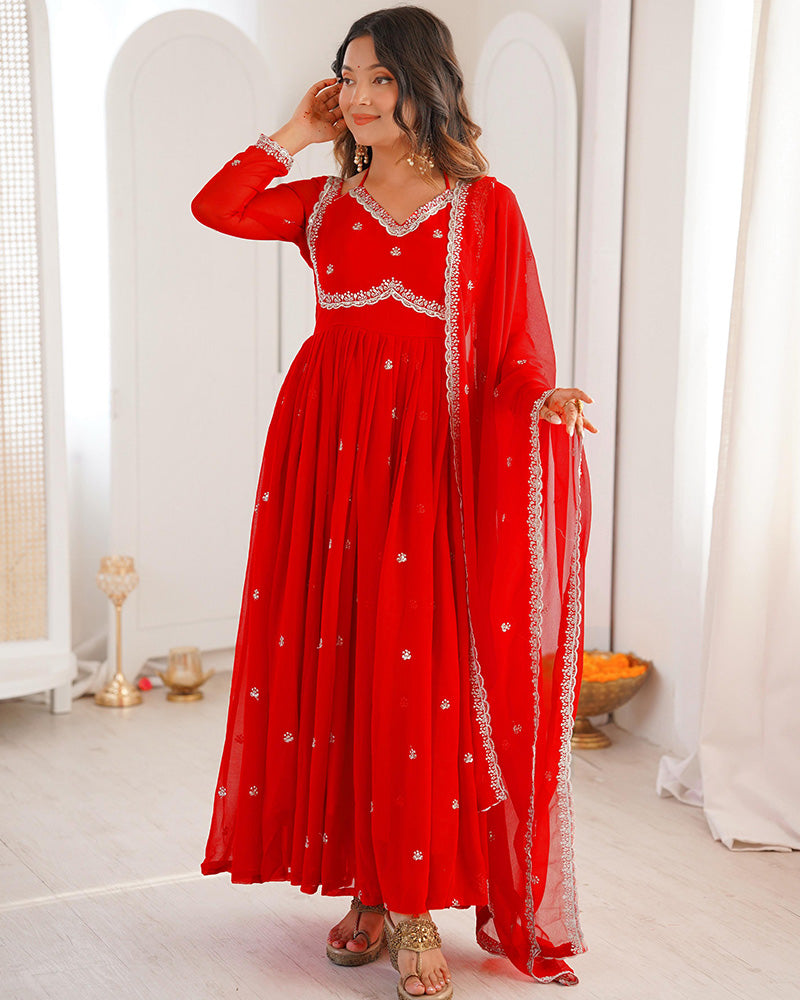 Red Color Georgette Sequence Embroidered Anarkali Suit