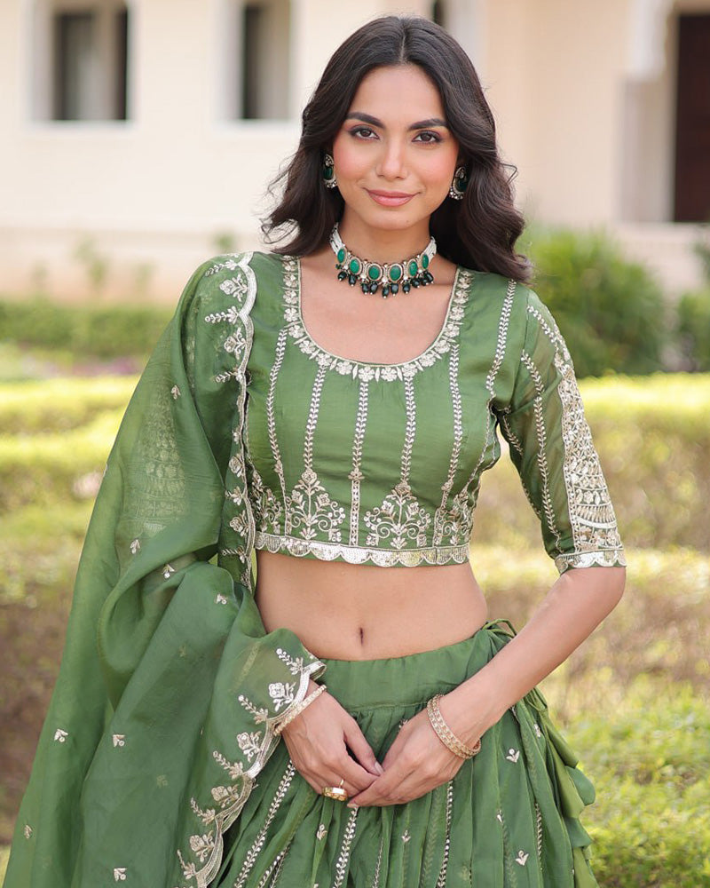Mehndi Green Color Gold Crush Embroidered Lehenga Choli