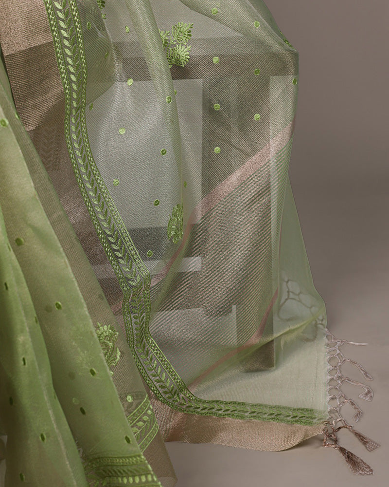 Pista Color Poly Shimmer Embroidered Saree