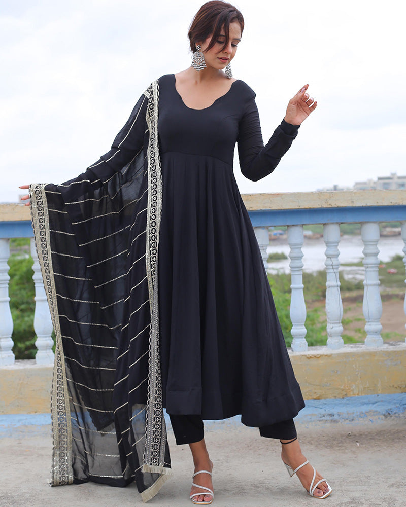 Black Color Georgette Anarkali With Embroidered Dupatta