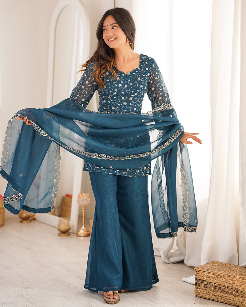 Teal  Blue Color Crunchy Silk Embroidered Plazzo Suit