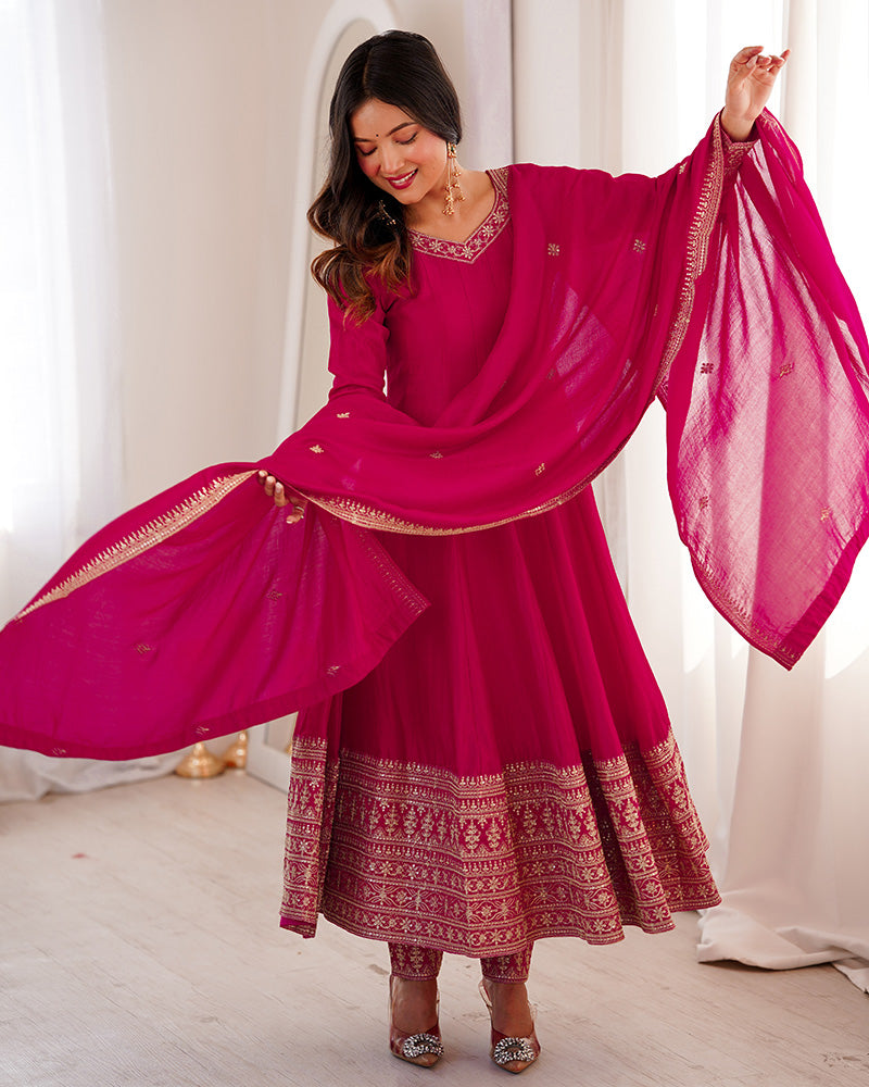 Rani Pink Color Blooming Vichitra Silk Anarkali Suit
