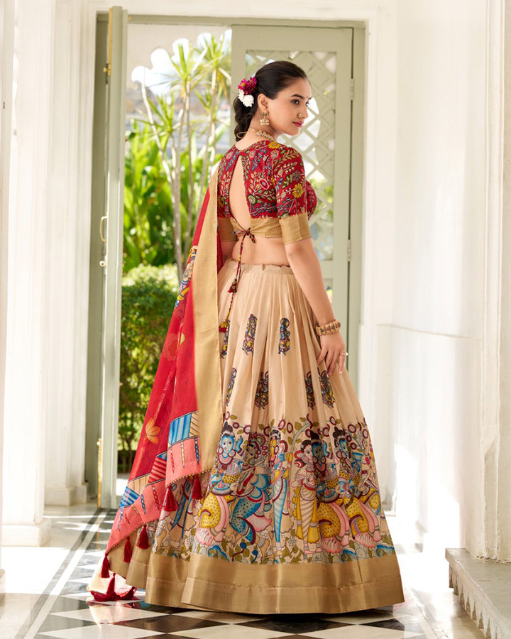 Cream Color Dola Silk Designer Kalamkari Print Lehenga Choli