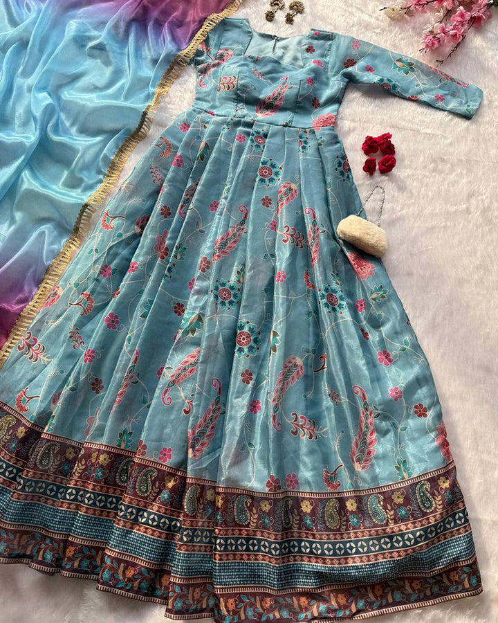 Sky Blue Color Digital Printed Soft Organza Gown