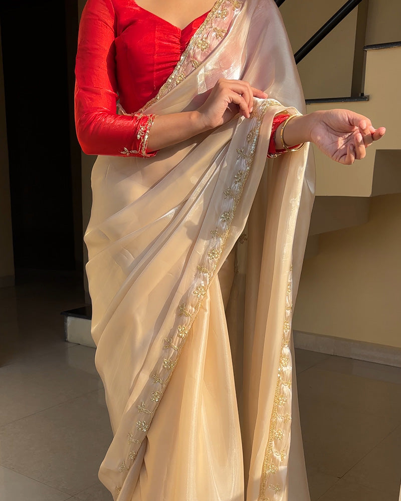 Cream Color Pure Soft Organza Embroidered Saree