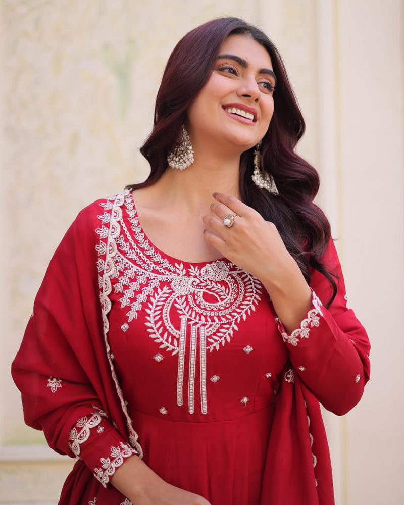 Royal Red Color Mal Chanderi Cotton Anarkali Suit