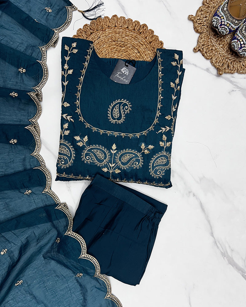 Dark Green Color Mal Cotton Three Piece Kurti Suit