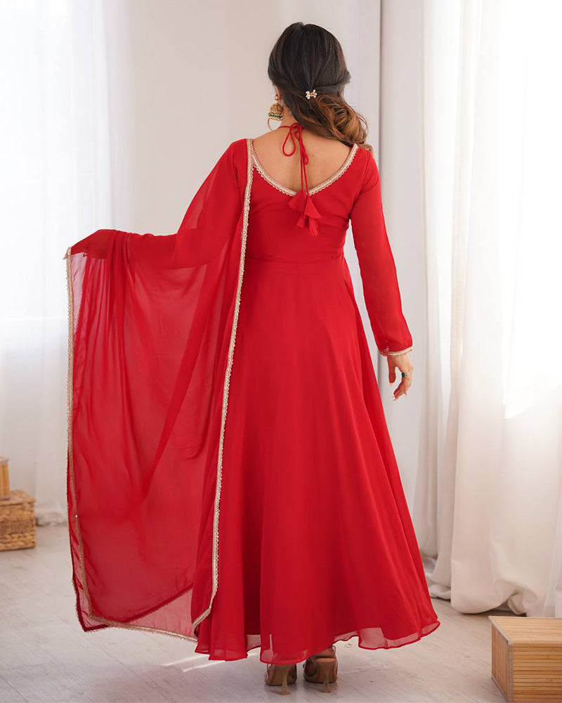 Red Color Pure Blooming Georgette Anarkali Gown