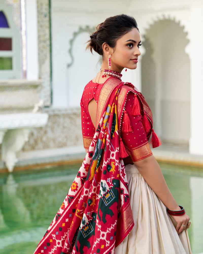 Off-White Color Tussar Silk Patola Printed Half Saree