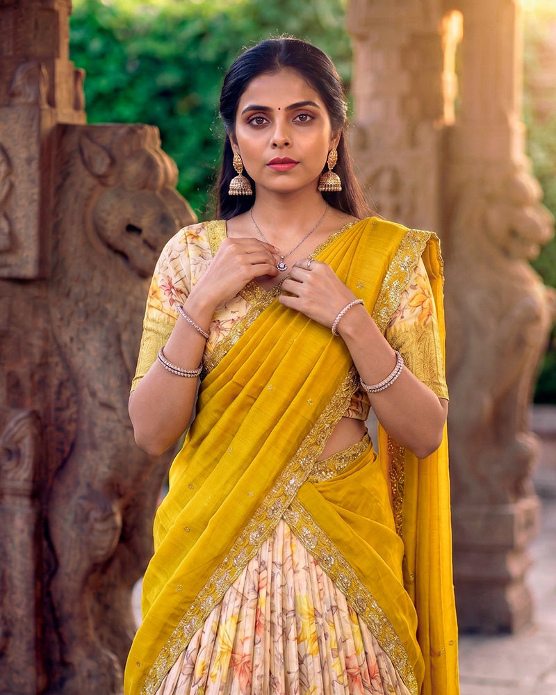 Yellow Color Dola Chex Floral Printed Half Saree