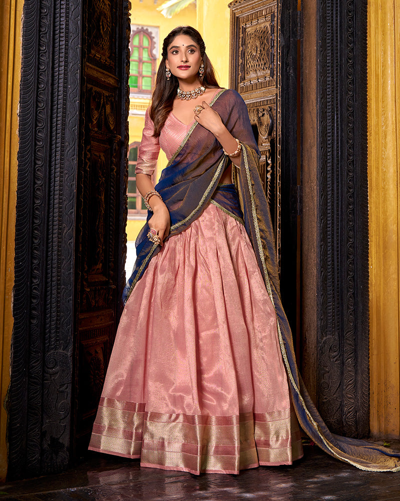 Light Pink Color Dupion Silk Zari Weaving Half Saree