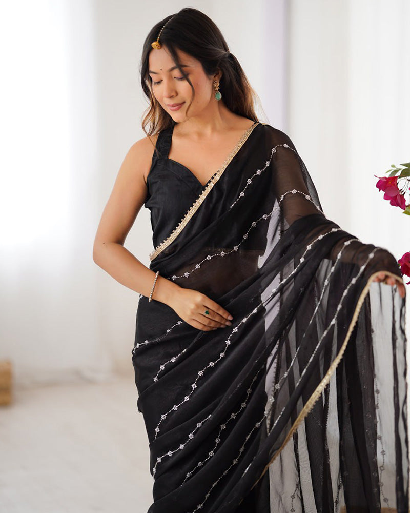Black Color Smooth Sitara Embroidered Saree