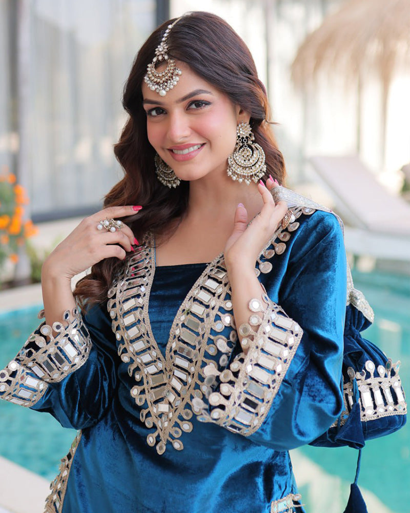 Peacock Blue Color Ice Velvet Embroidered Plazzo Suit